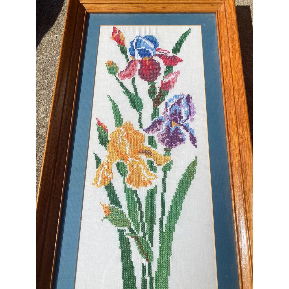 2 Vtg MCM Floral Embroidery Wall Art Decors Handmade Wall Art Country Cottage - Picture 3 of 8